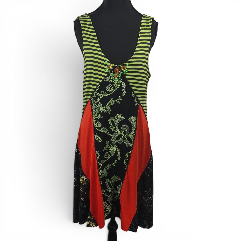 Seven Waves BrazilRoxx Lime Green Orange Striped Embellished Dress Mix Media NWT